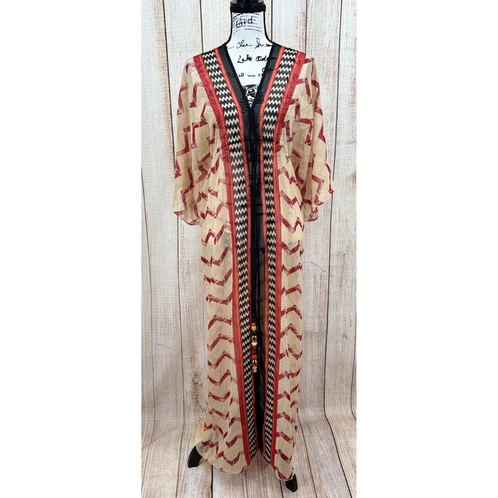 Soft Surroundings Kimono Caftan‎ Maxi Dress Small Red Beige Chevron Boho Beaded